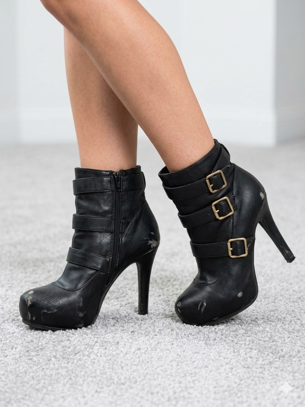 ​Crown Vintage Black Triple Buckle Platform Ankle Boots Studded High Heel Zip 8